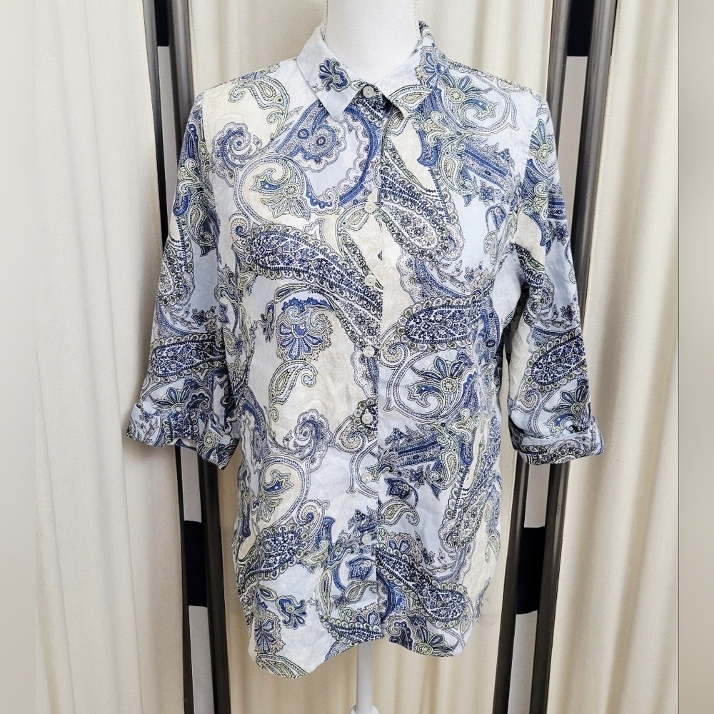 Chico's Paisley Linen No Iron Button-Up Shirt | Size 8